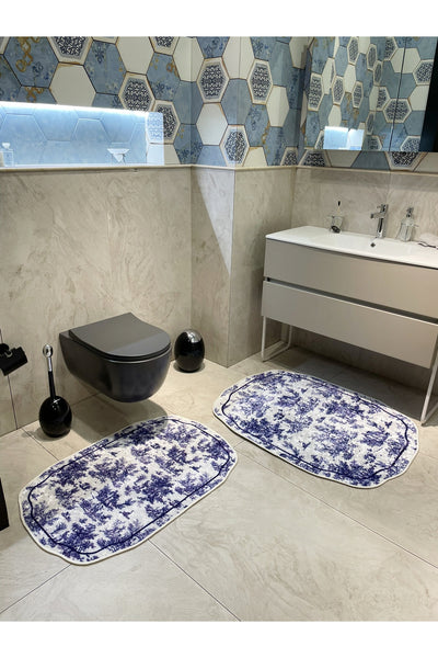 Toile de Jouy Themed Single Latex Base Bathroom Mat (80X120)