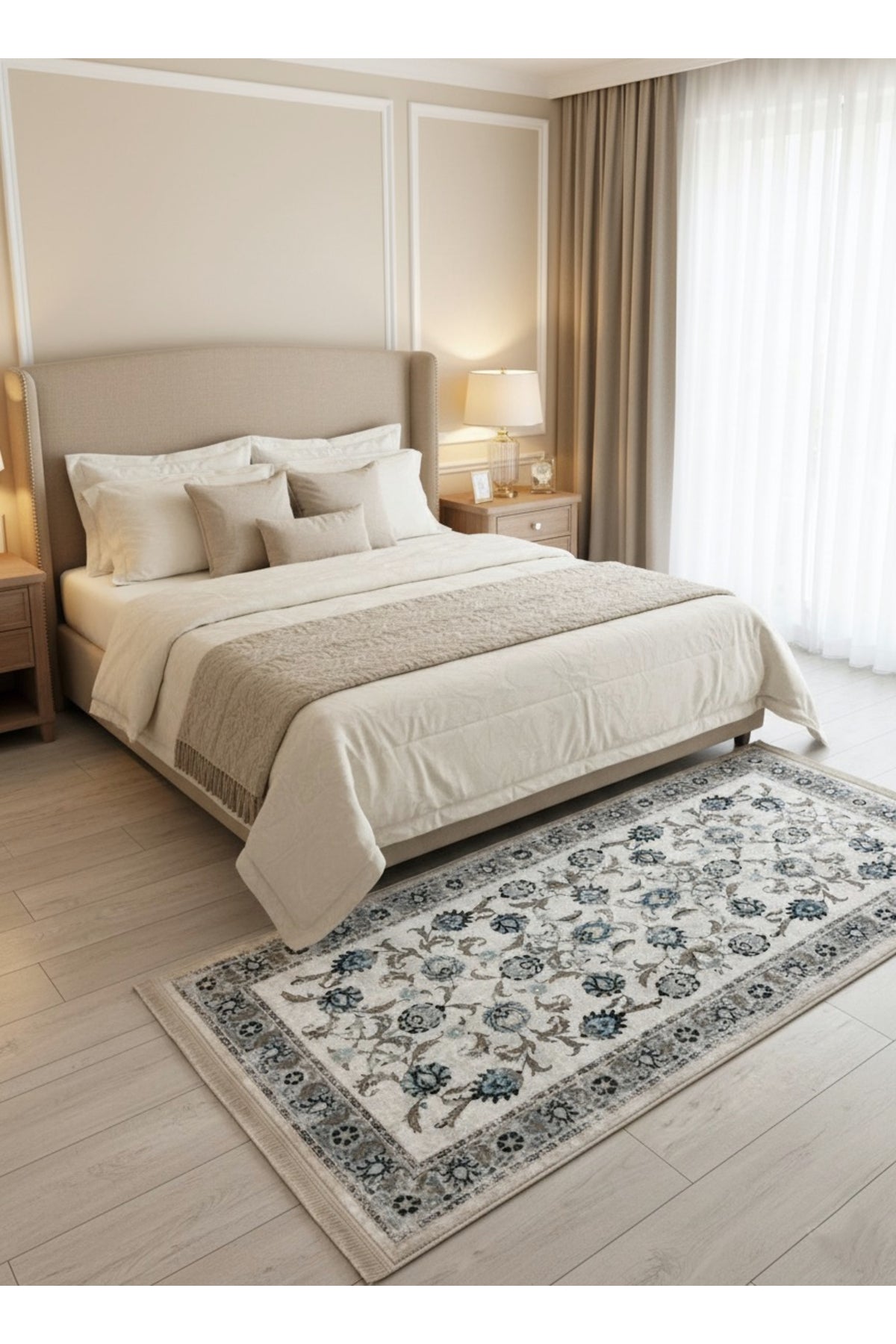 BEIGE-BLUE Traditional Distressed FRINGED Classic Non-Slip Base Rug