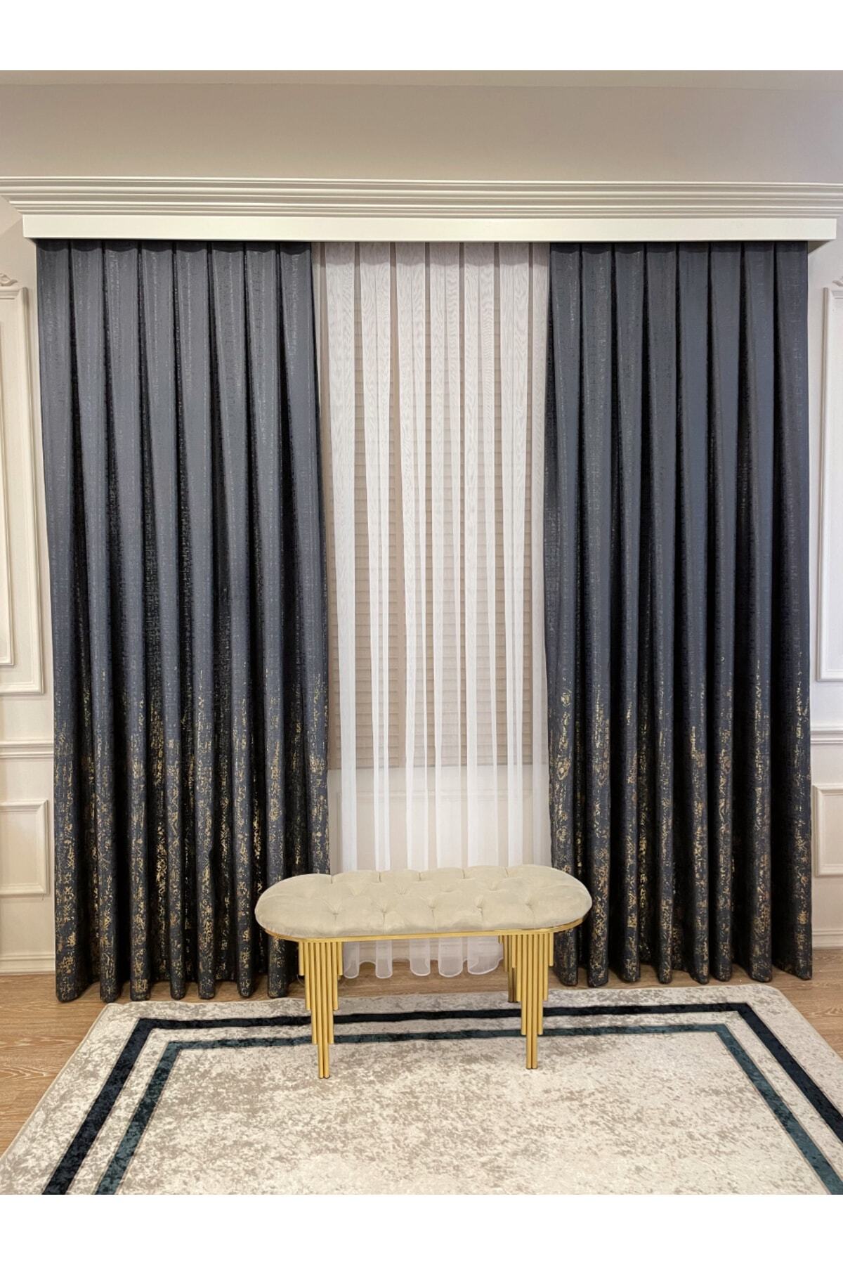 Jacquard Ground Foil Print 1/3 Dense Pleat Blackout Curtain - Beige - Gold Foil