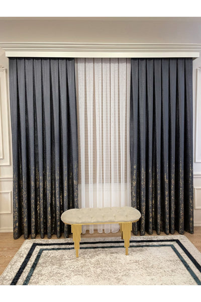 Jacquard Ground Foil Print 1/3 Dense Pleat Blackout Curtain - Beige - Gold Foil