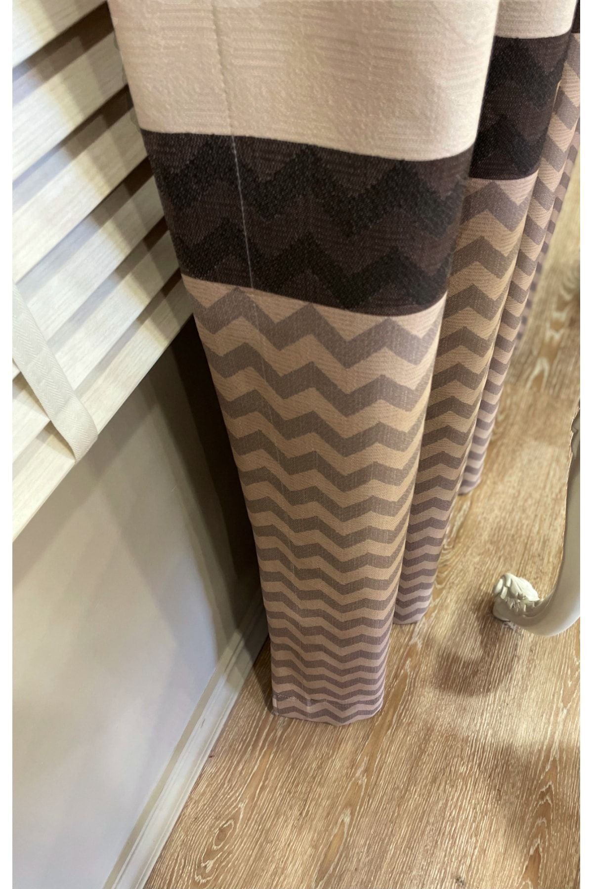 Jacquard 1/3 Dense Pleat Zigzag Striped Panel Print Blackout Curtain - Beige - Brown