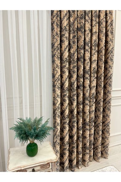 Brown-Navy Blue Chenille Pattern Jacquard 1/3 Dense Pleated Jacquard Blackout Curtain