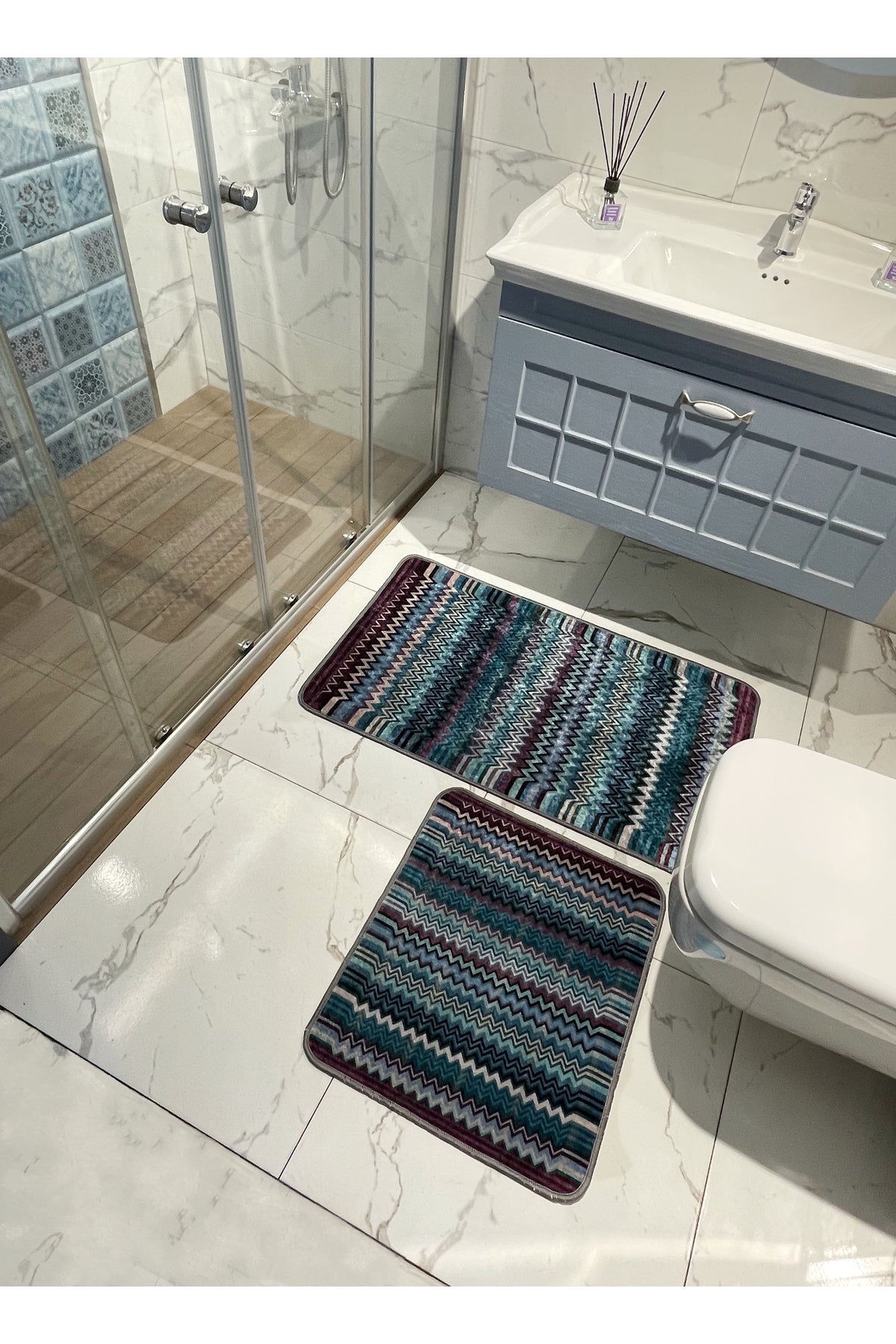 Zigzag Patterned 2-Piece Leather Base Bathroom Mat Set (60x100 - 60x50)