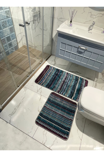 Zigzag Patterned 2-Piece Leather Base Bathroom Mat Set (60x100 - 60x50)