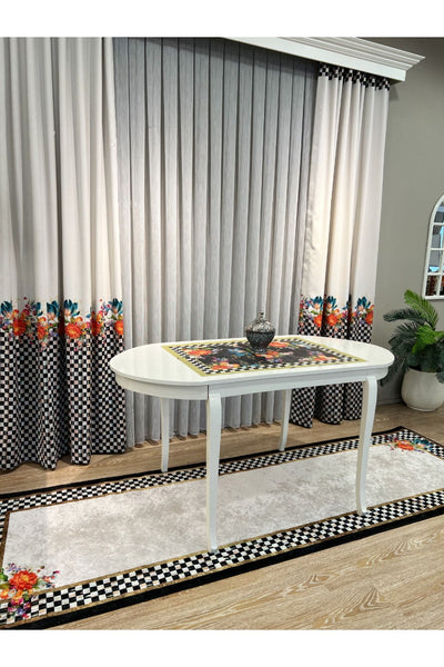 No-Pleat Extra-Reinforced Checkered Floral Blackout Curtain - Beige-Black