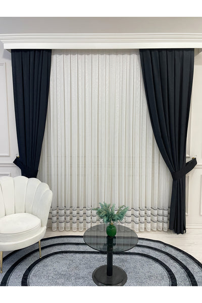 Modern Shantung Banded 1/3 Dense Pleat - Ecru/Gray Sheer Curtain