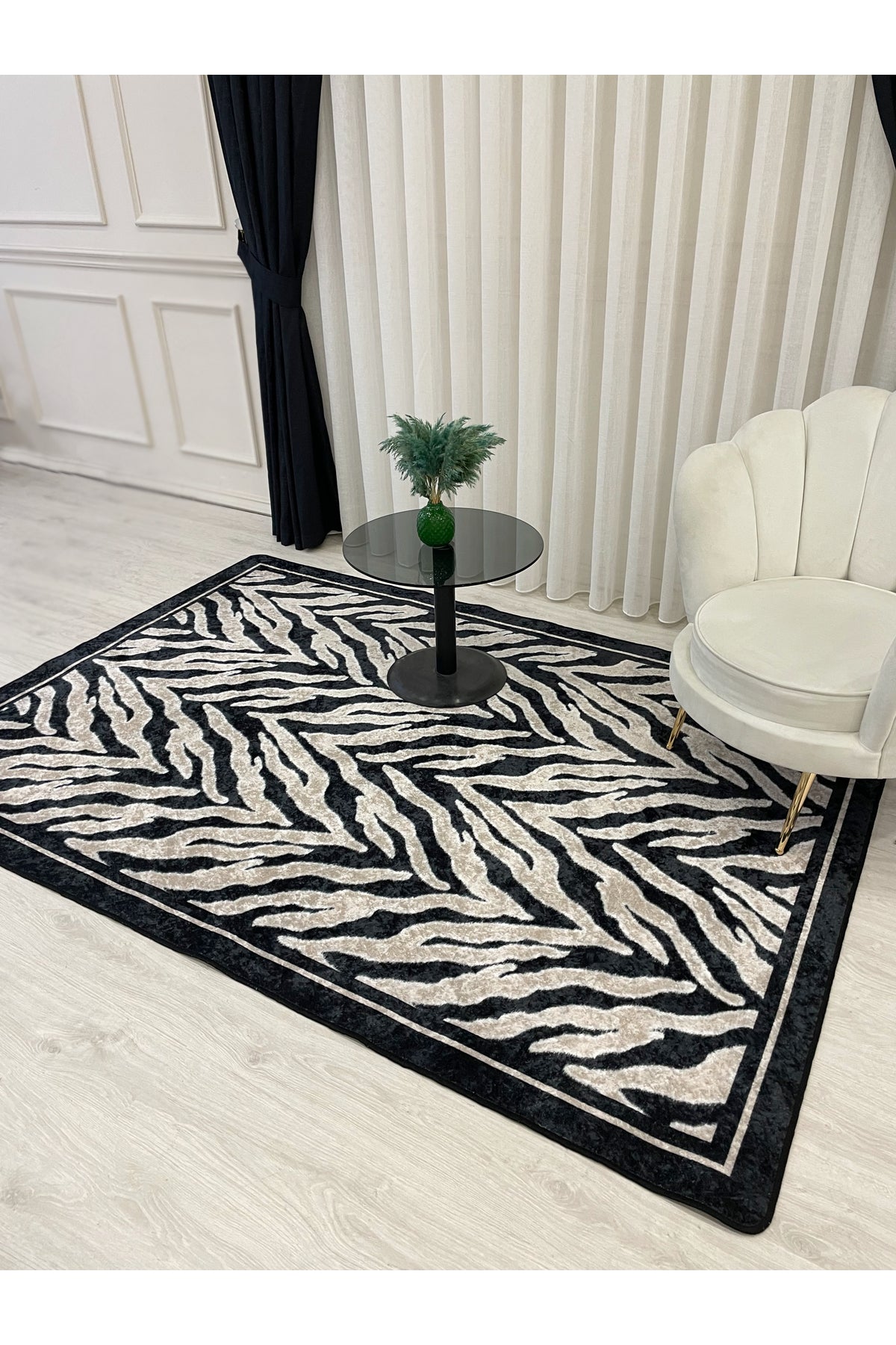 Black Beige Fluffy Look Latex Leather Base Rug