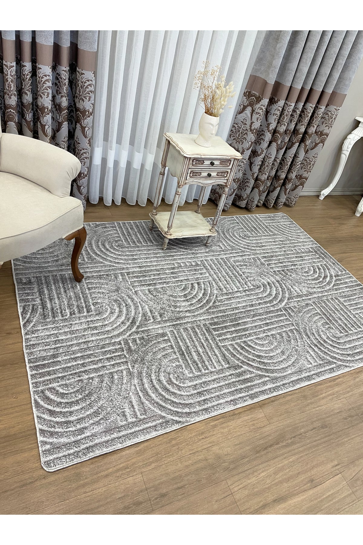 Beige Embossed Look Latex Leather Base Rug