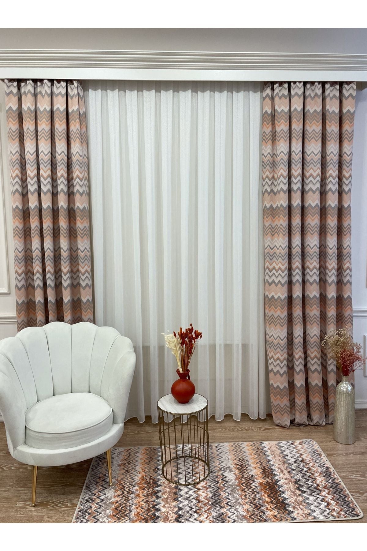 Zigzag Patterned No-Pleat Flat Stitch Extra-Tape Blackout Curtain