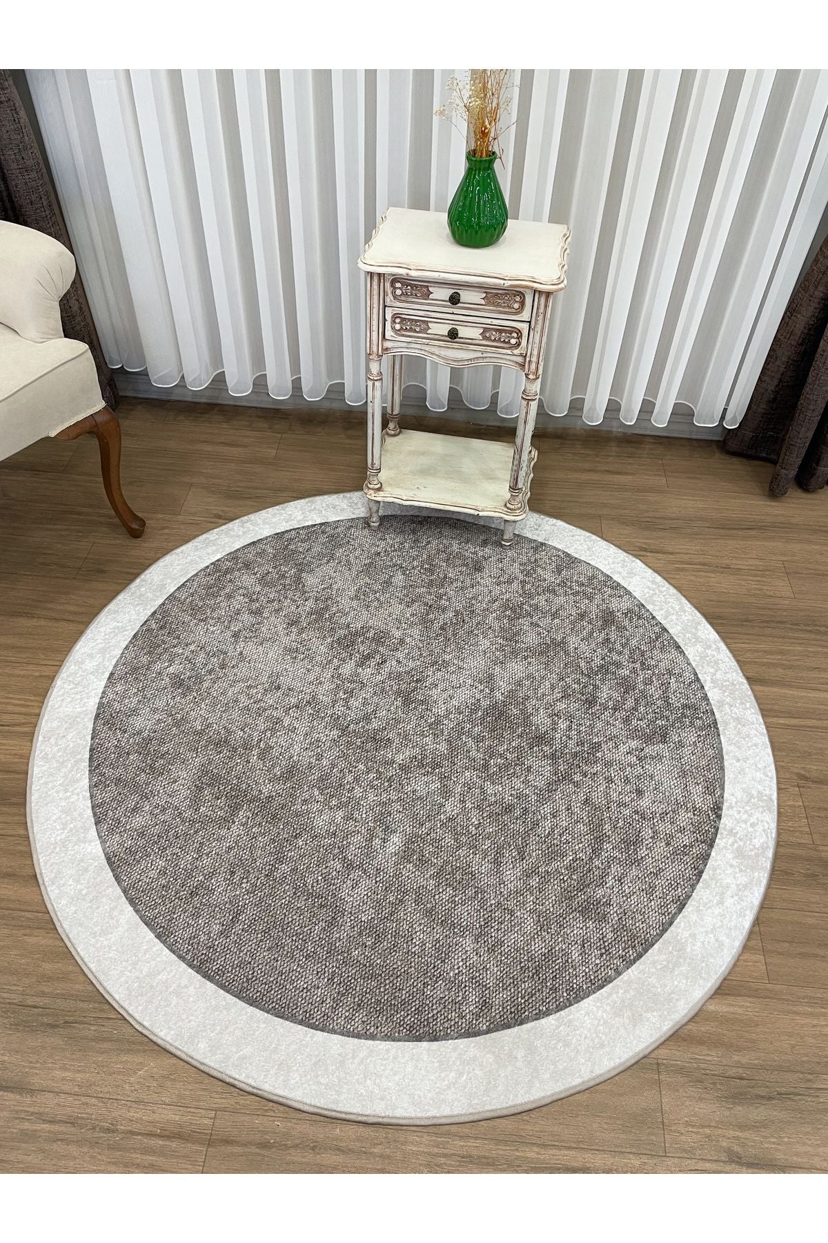 Jute-Look Washable Latex Base Round Rug - Beige Brown