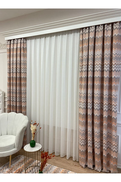 Zigzag Patterned No-Pleat Flat Stitch Extra-Tape Blackout Curtain