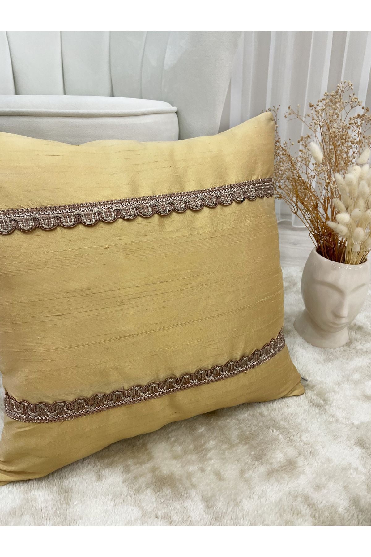 %100 Imported Silk Cushion Cover with Cord (45X45) (Gold Color)