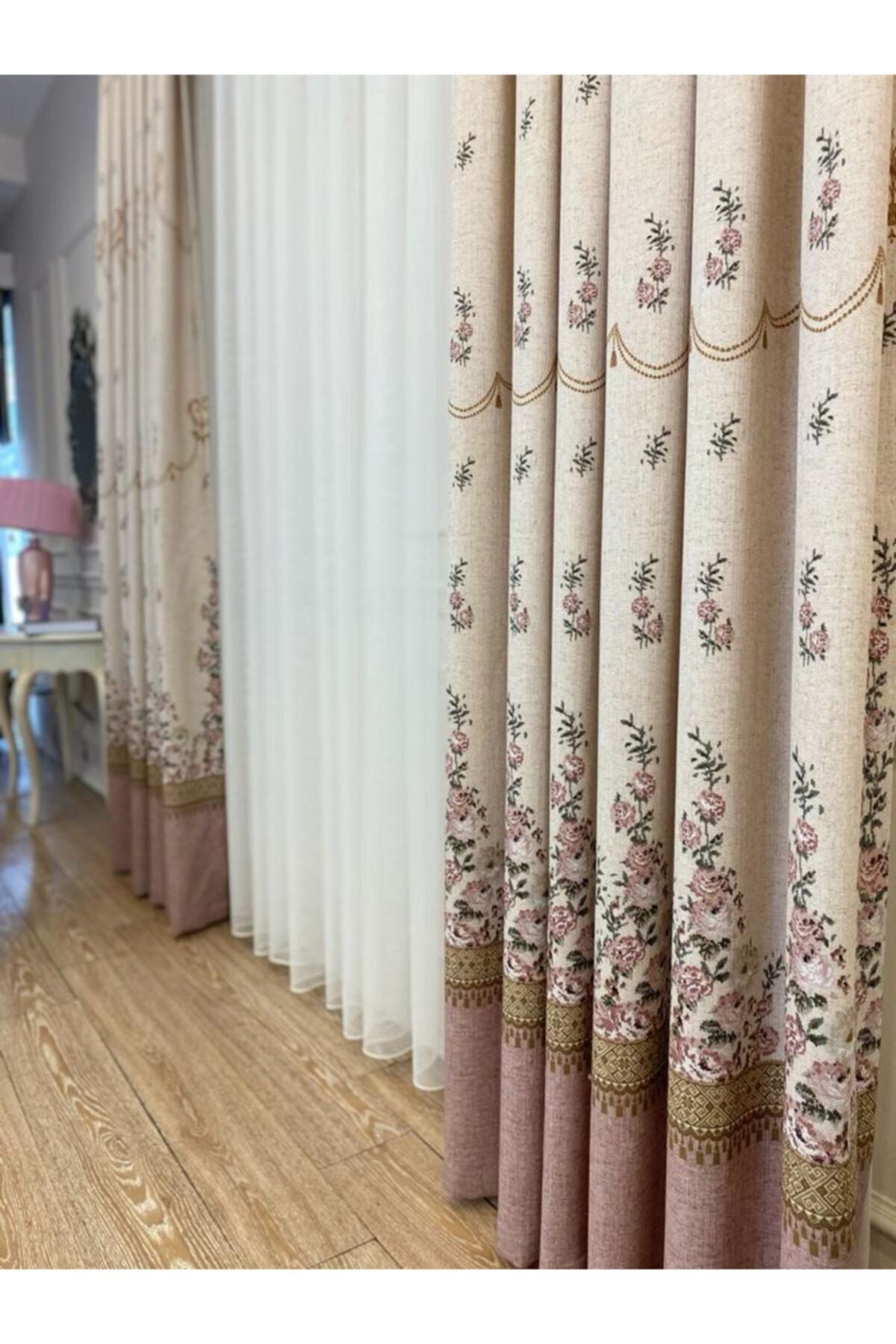 Country Collection 1/3 Dense Pleated Natural Linen Floral Blackout Curtain