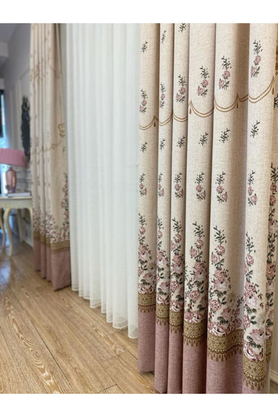 Country Collection 1/3 Dense Pleated Natural Linen Floral Blackout Curtain