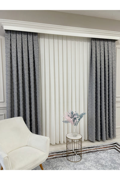 Indigo Blue Pompom Puffy Blackout Curtain 1/3 Dense Pleat