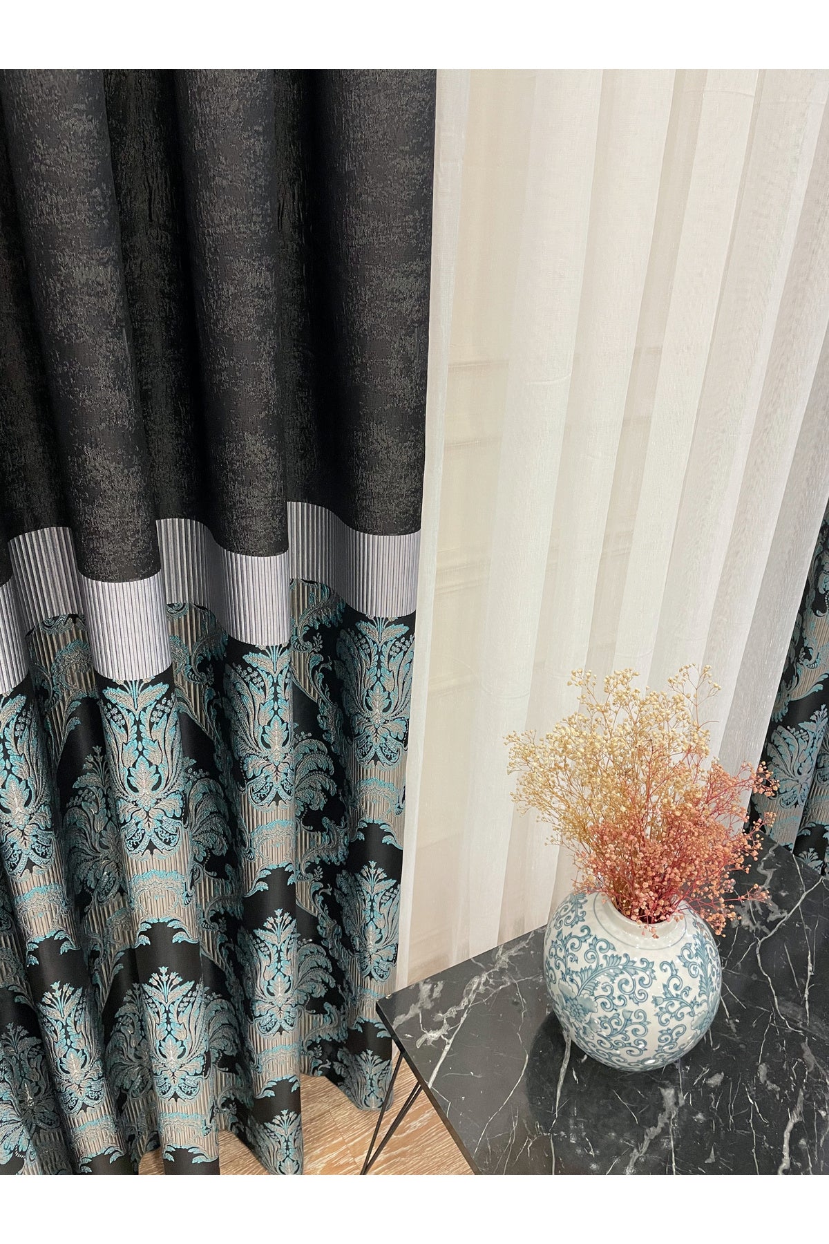 Gray Brown Damask Pattern Jacquard 1/3 Tight Pleat Jacquard Blackout Curtain