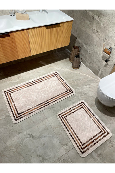 Beige Striped 2-Piece Leather Base Bathroom Mat Set (60x100 - 60x50)