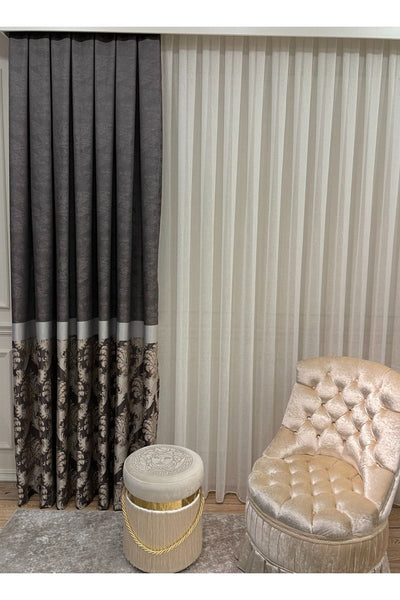 Gray Brown Damask Pattern Jacquard 1/3 Tight Pleat Jacquard Blackout Curtain