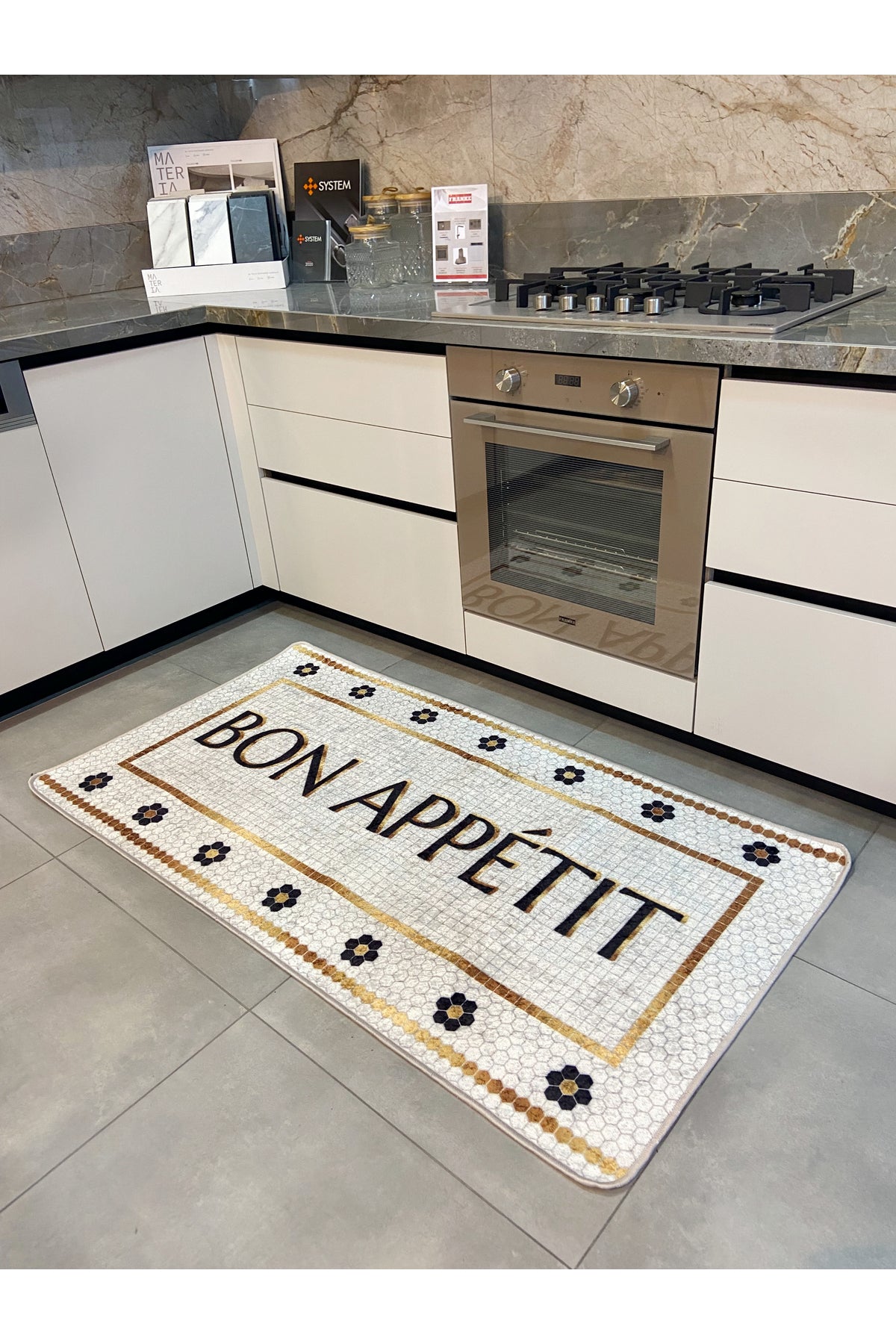 Bon Appetit Honeycomb Ecru Kitchen Runner Rug