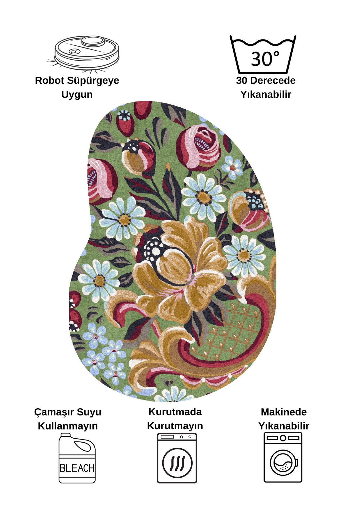 Green Floral Pattern Latex Base Rug
