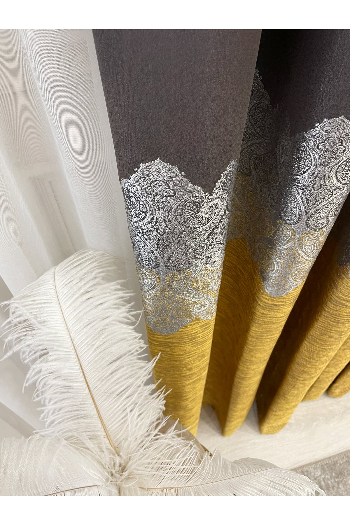 Brown Gold - Damask Patterned 1/3 Dense Pleated Blackout Curtain