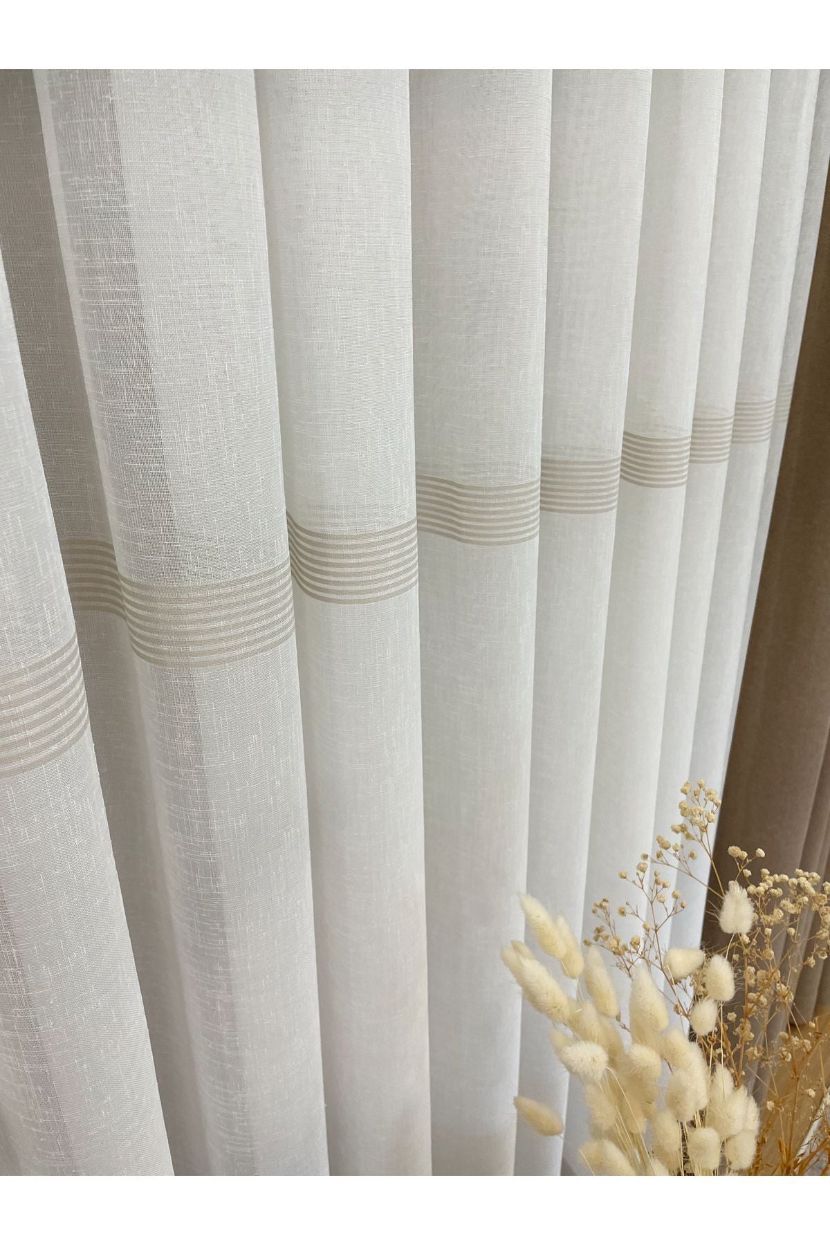 Linen-Look Banded 1/3 Dense Pleated - Ecru/Grey Sheer Curtain