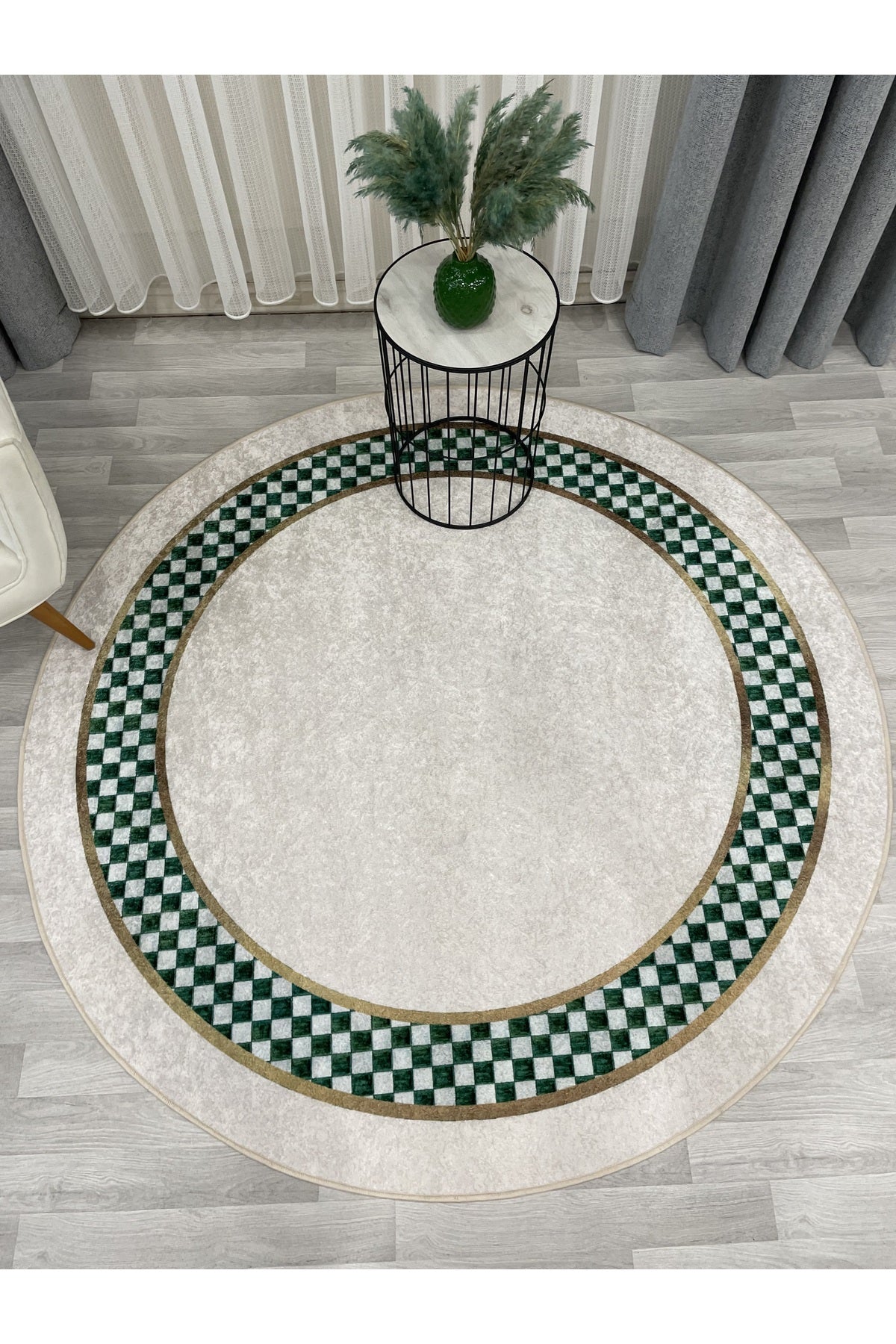 Beige Green Checkered Non-Slip Base Rug