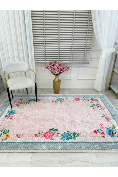 Blue Ground Rose Pattern Non-Slip Rug