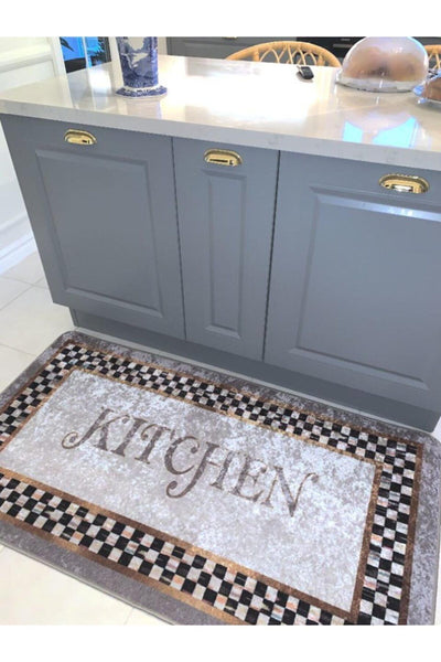 Kitchen Motifli Damalı Lateks Deri Tabanlı Leke Tutmaz Mutfak Halısı