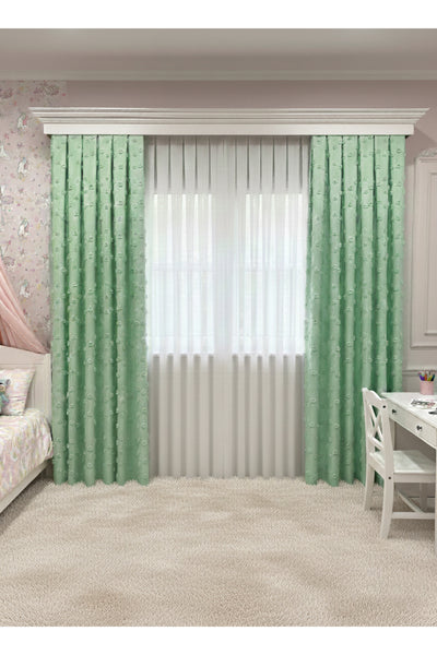 Blue Children's Room Pompom Puffy Blackout Curtain 1/3 Dense Pleating