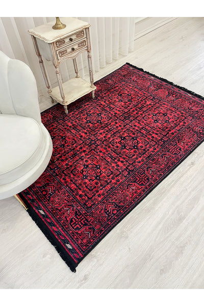 Red Color Ethnic Motif Latex Base Rug