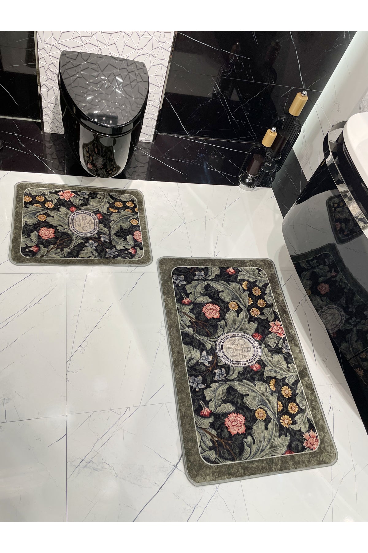 2-Piece Floral Pattern 60x100 - 60x50 Botanic Latex-Backed Bath Mat Set