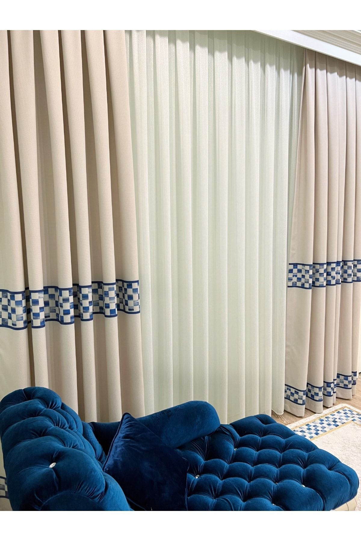1/3 Dense Pleated Checkered Curtain Panel - Beige-Blue