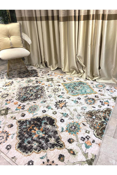 Etnik Desen Saçaksız Lateks Deri Taban Halı