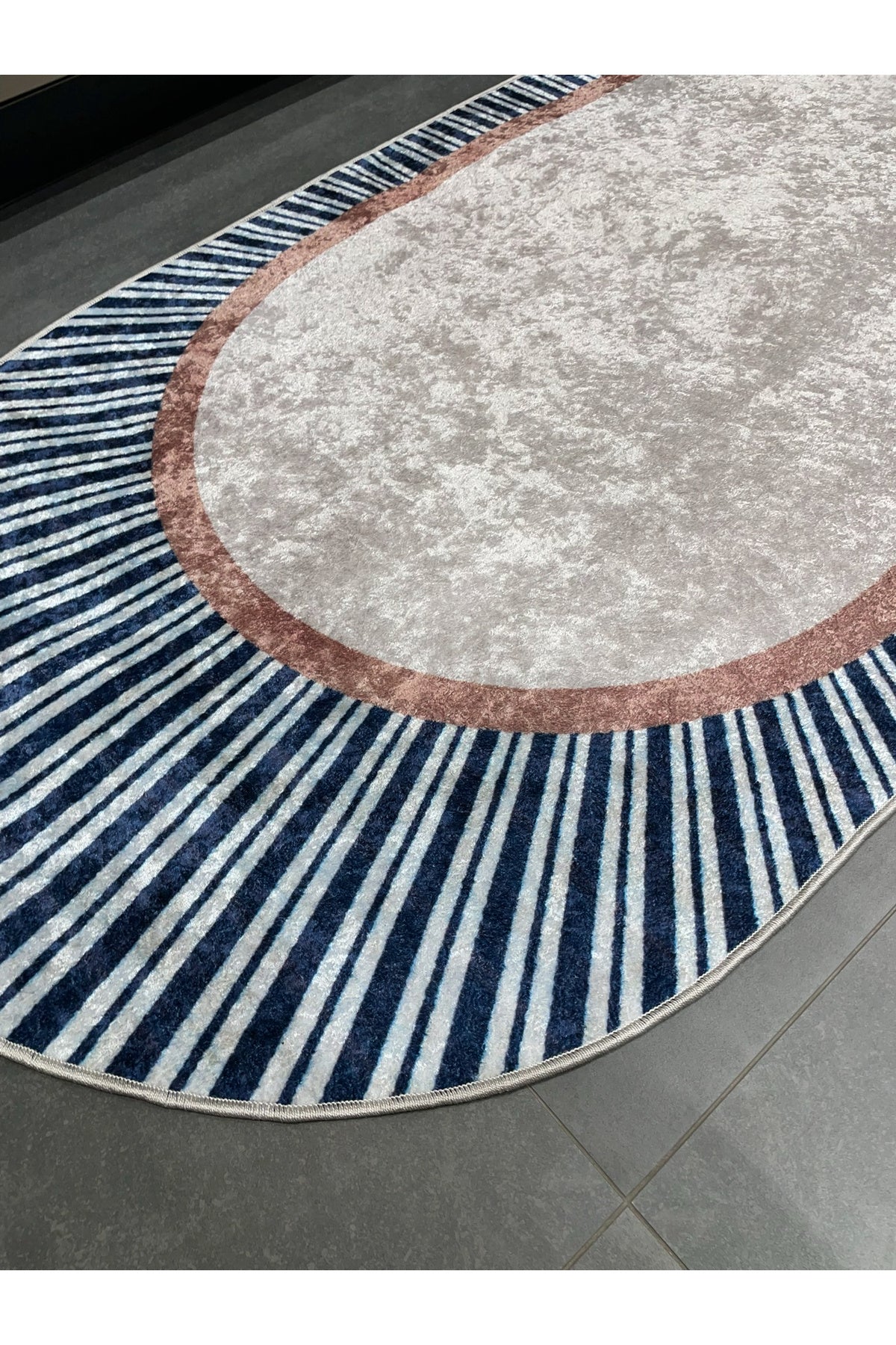 BEIGE-NAVY Striped Oval Non-Slip Base Rug