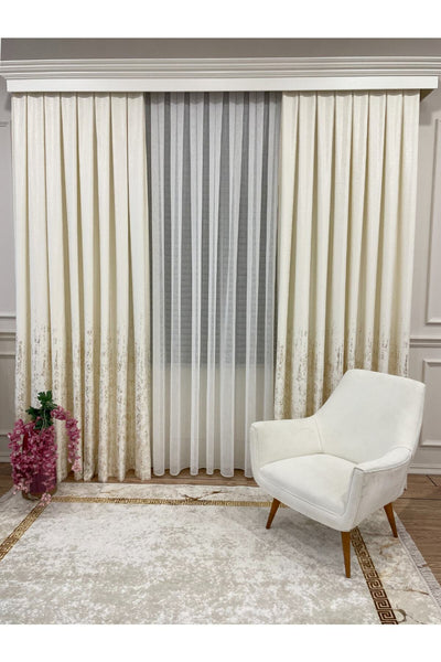 Jacquard Ground Foil Print 1/3 Dense Pleat Blackout Curtain - Beige - Gold Foil