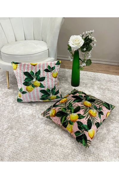 Set of 2 Lemon Pattern Velvet Cushion Pillow Cover (Pink)