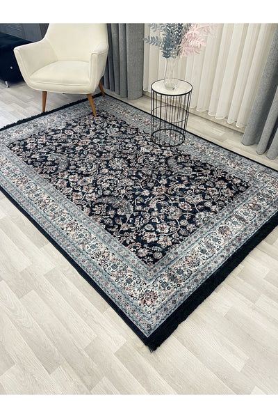 NAVY BLUE Traditional Motif FRINGED Classic Non-Slip Base Rug