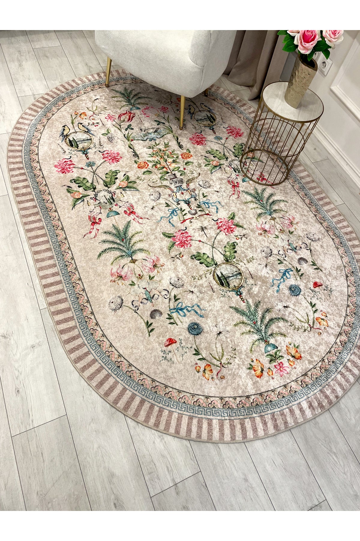Beige Floral Bird Patterned Latex Leather Base Rug