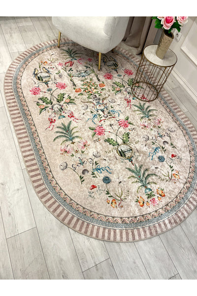 Beige Floral Bird Patterned Latex Leather Base Rug