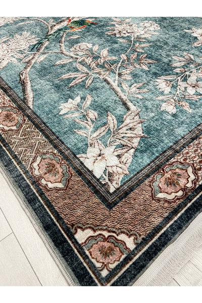Soft Blue Bird Pattern Bordered Non-Slip Rug