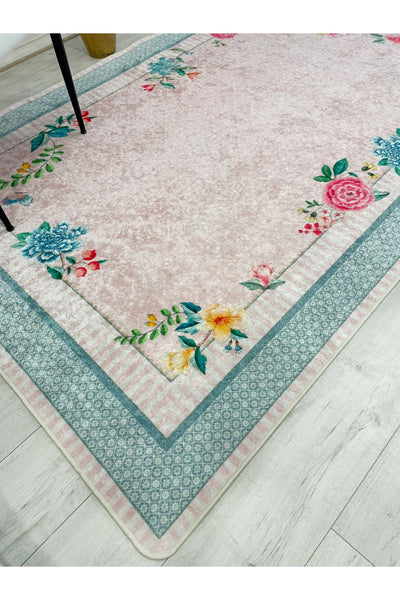 Blue Ground Rose Pattern Non-Slip Rug