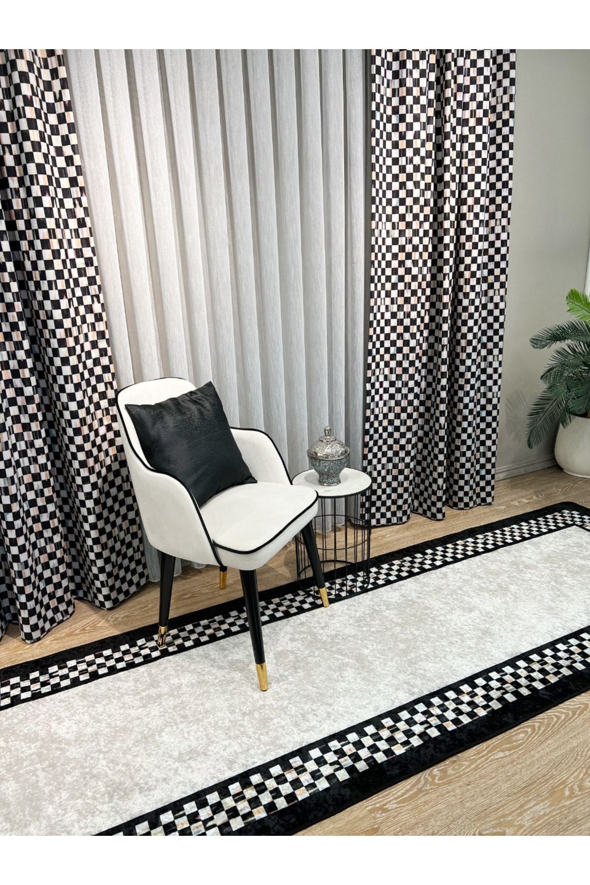 No-Pleat Extra-Reinforced Checkered Blackout Curtain - Beige-Black