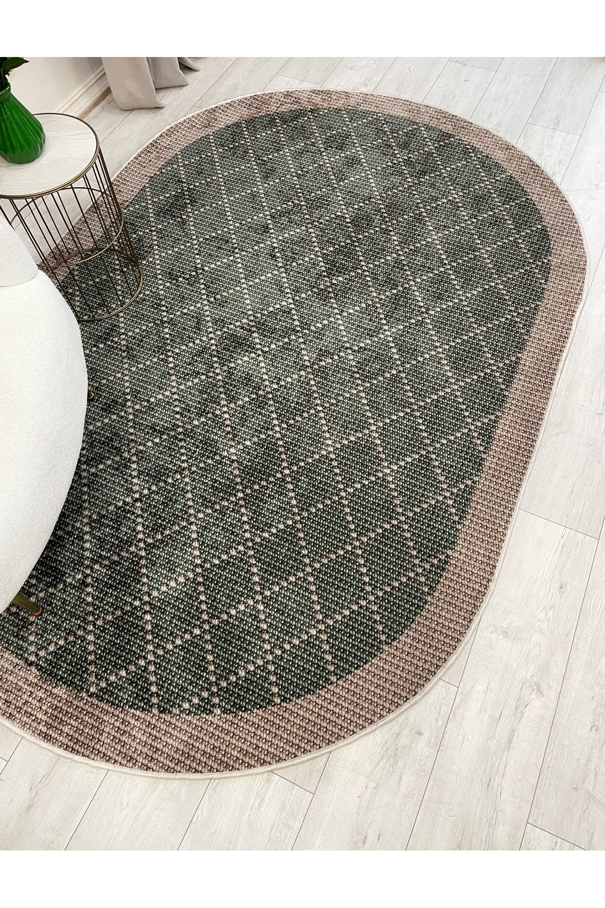 GREEN-BROWN Jute Sisal Look Bordered Non-Slip Base Runner Rug