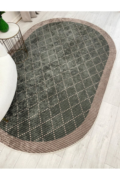 GREEN-BROWN Jute Sisal Look Bordered Non-Slip Base Runner Rug