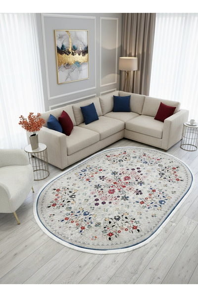 BEIGE Floral Patterned Vintage Latex Base Rug