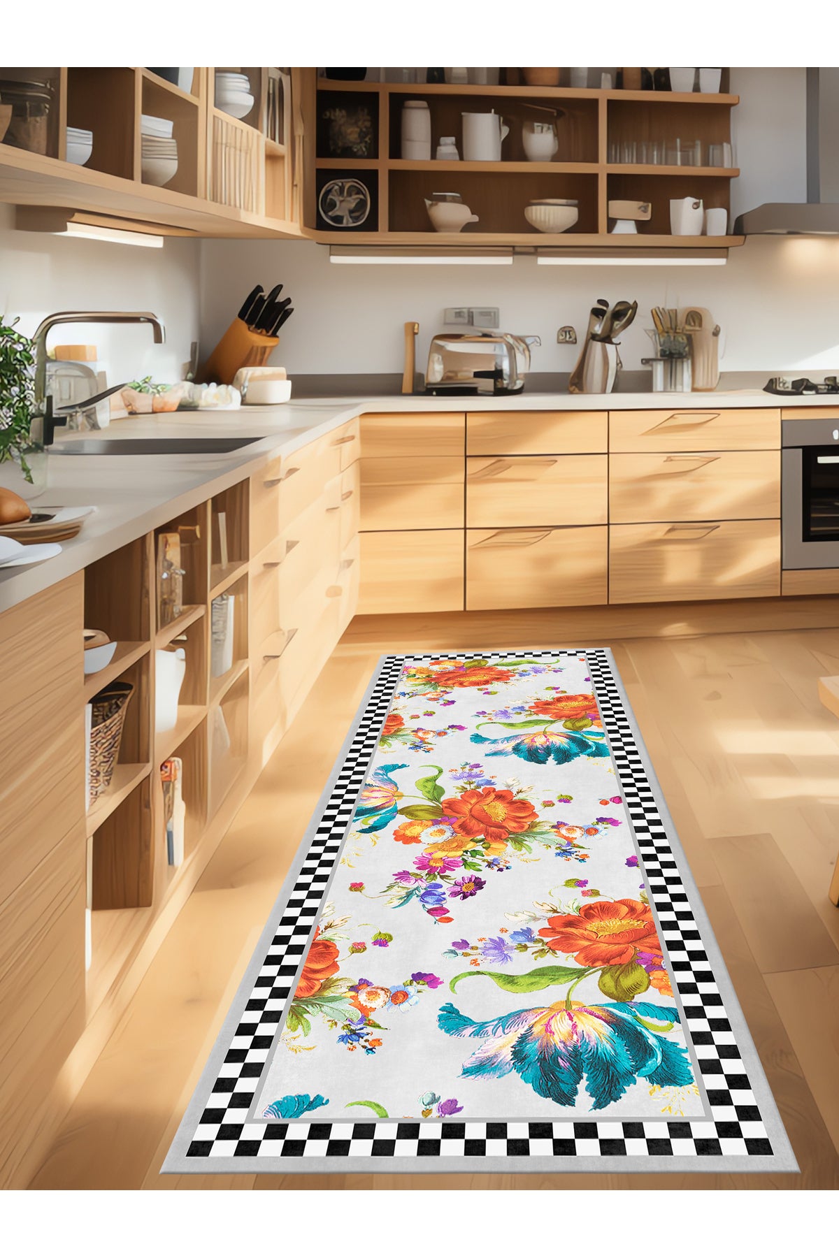 Floral Checkered Latex-Backed Fringe-Free Runner Kitchen Rug