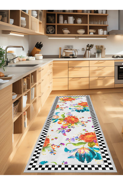 Floral Checkered Latex-Backed Fringe-Free Runner Kitchen Rug