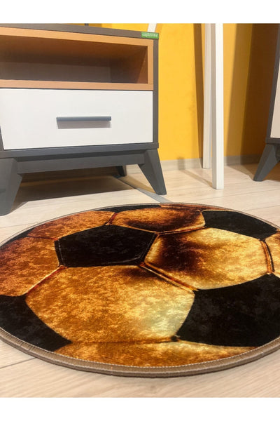 Football Pattern Washable Round Kids & Youth Rug - Gold