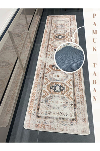 Eskitme Desenli Mutfak Halısı , Dokuma Taban Halı Kahverengi